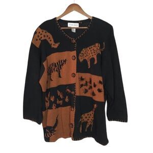 Victoria Woman Black & Brown Safari Print Plus Size Grandma Cardigan Sz 3X